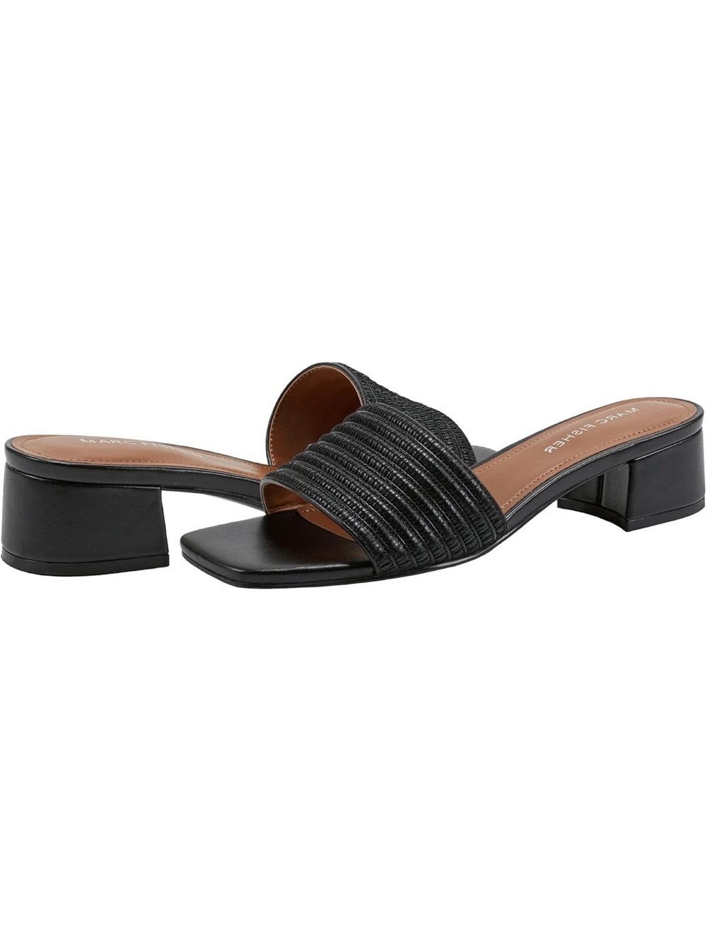 Marc Fisher Black Ribbed Strap Low Block Heel Mules